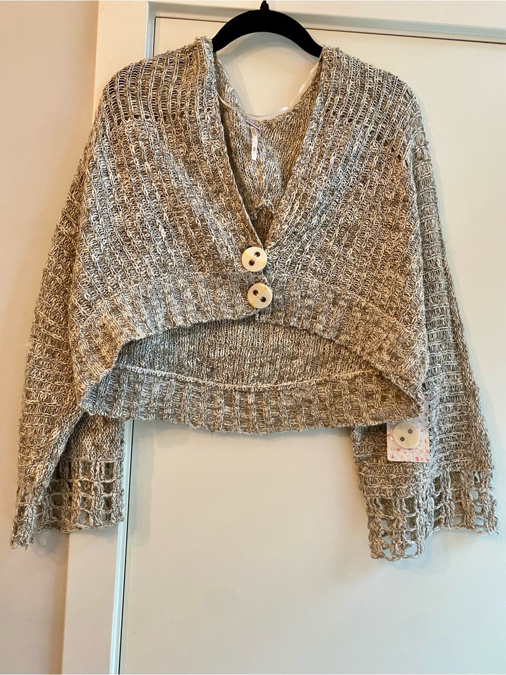 Free People Cropped Open-Weave Button Cardigan in Beige